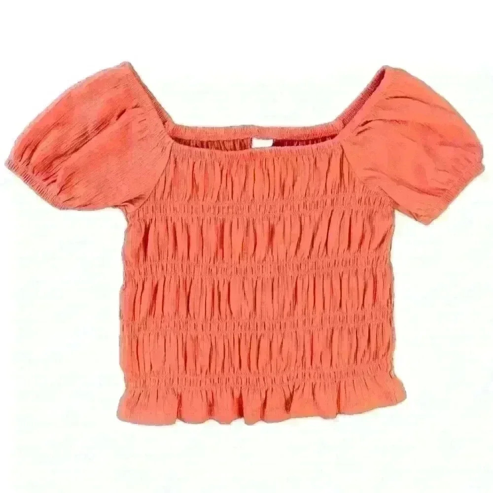 Old Navy Girls Smocked Crop Top Size Small 6-7 Orange Short Puff Sleeve